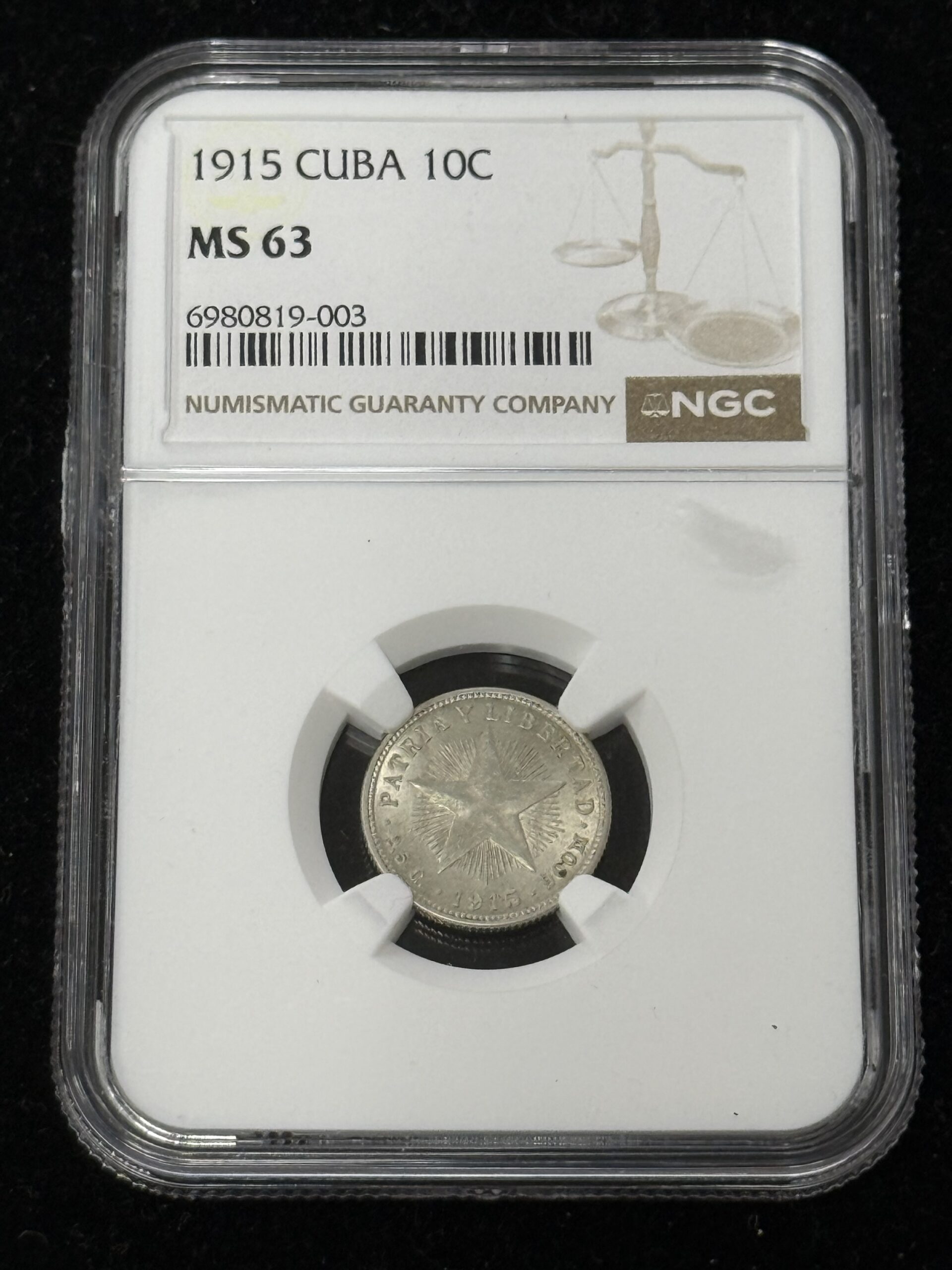 1915 Cuba Silver 10 Centavos NGC MS63
