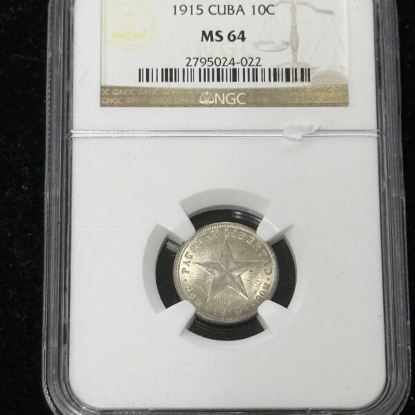 1915 Cuba Silver 10 Centavos NGC MS64