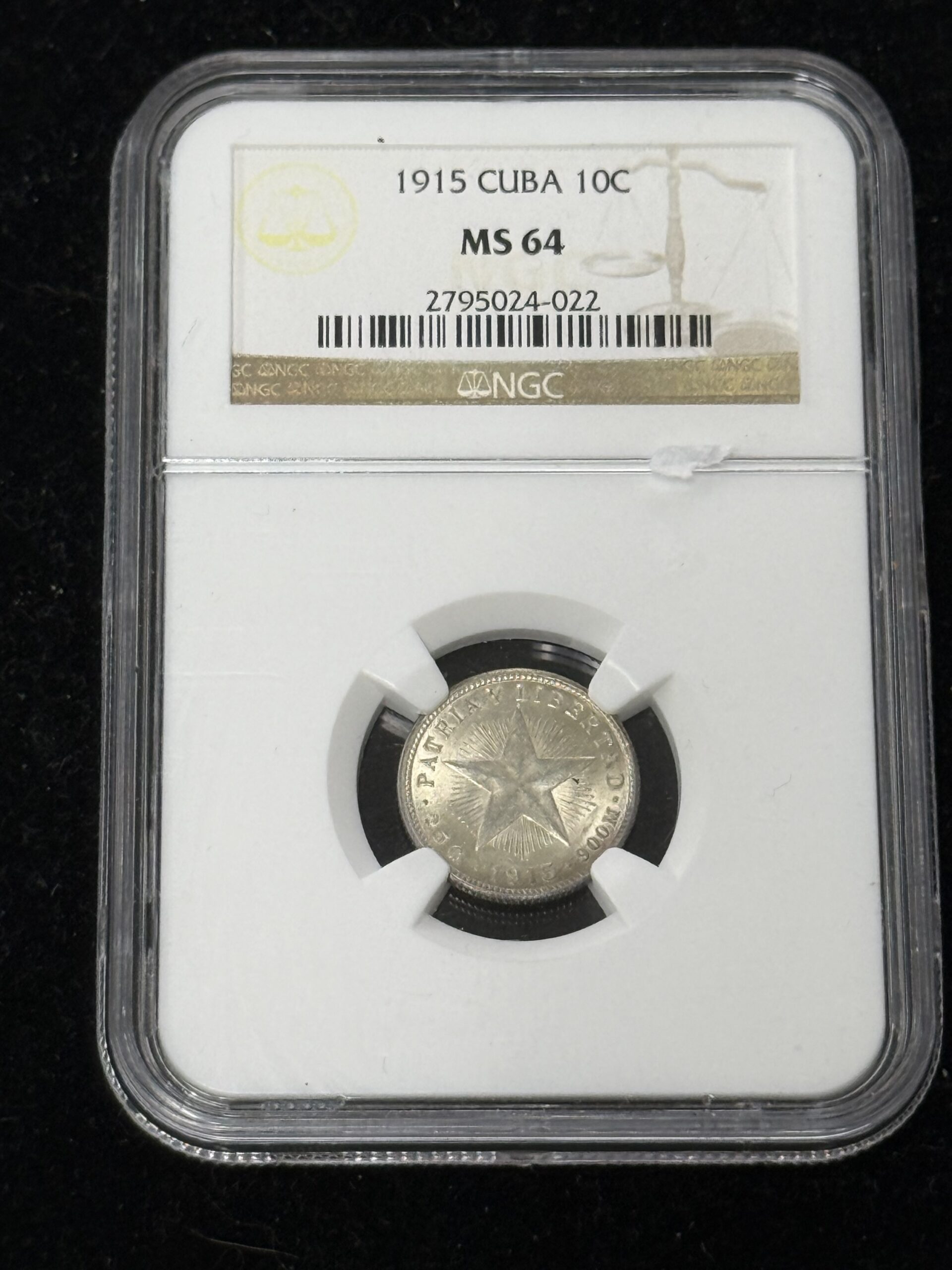 1915 Cuba Silver 10 Centavos NGC MS64