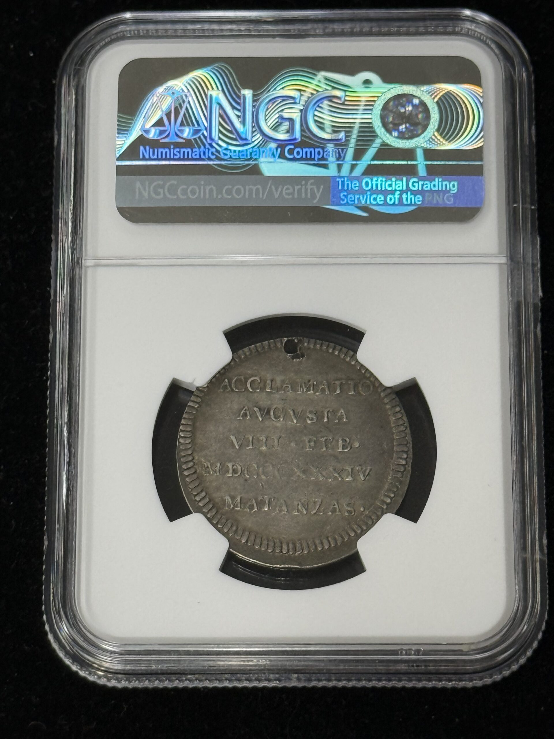 1834 Cuba Mantanzas Proclamation Medal NGC AU Holed Herrera 48 - Image 2