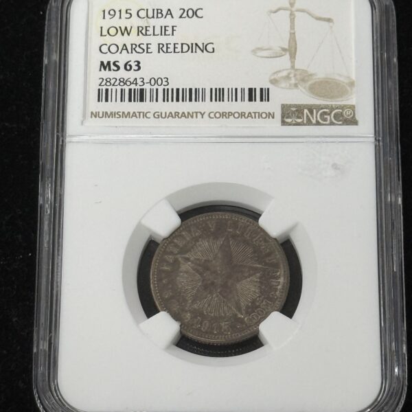 1915 Cuba 20 Centavos Low Relief Coarse NGC MS63