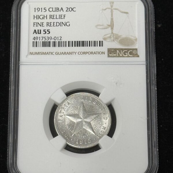 1915 Cuba 20 Centavos High Relief Fine NGC AU55