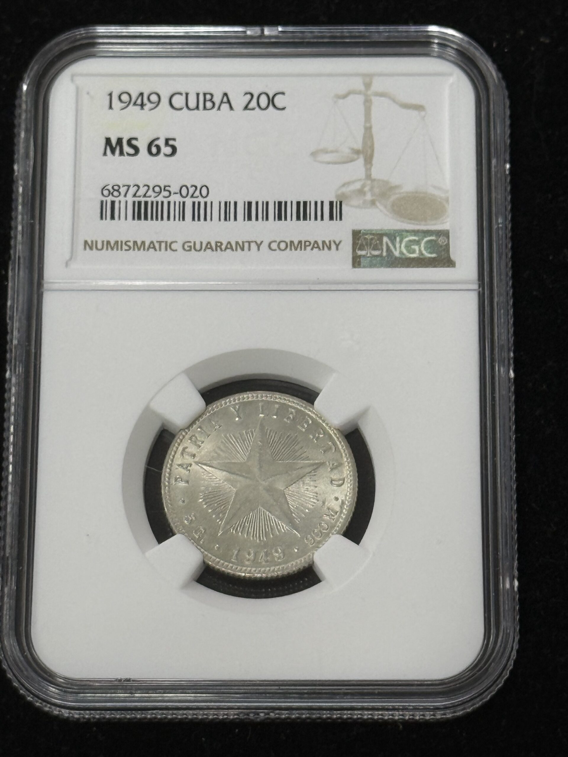 1949 Cuba 20 Centavos NGC MS65