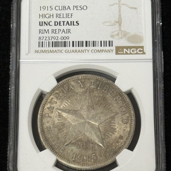 1915 Cuba Star Peso High Relief NGC UNC Details