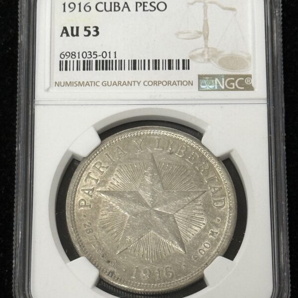 1916 Cuba Key Date Star Peso NGC AU53