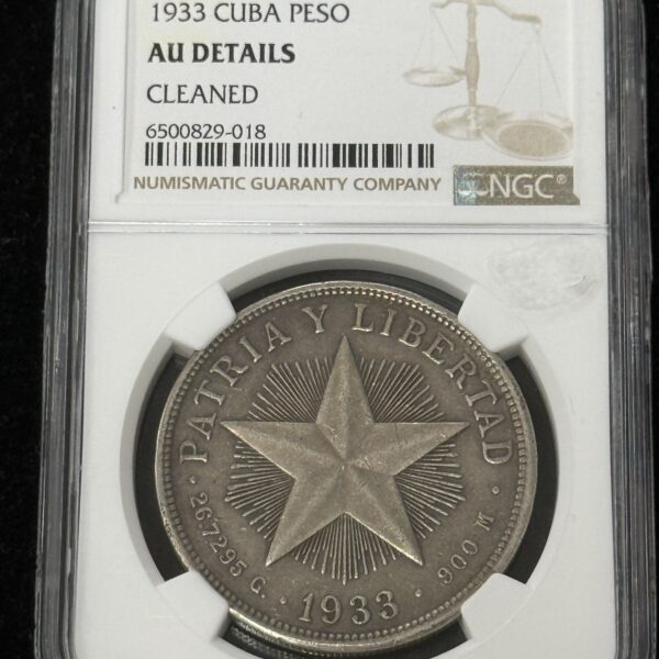 1933 Cuba Silver Star Peso NGC NGC AU Cleaned