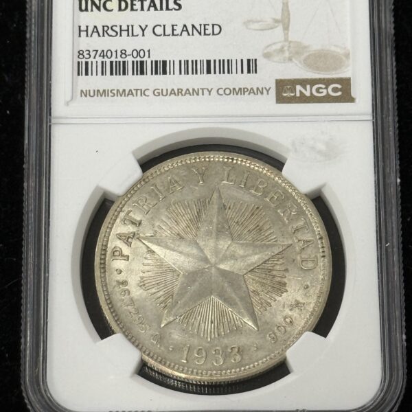 1933 Cuba Silver Star Peso NGC UNC Harsh Cleaning