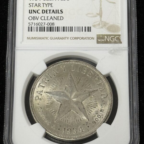 1934 Cuba Silver Star Peso NGC UNC Obv Clean