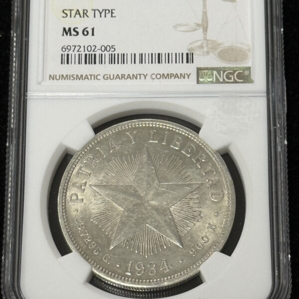 1934 Cuba Silver Star Peso NGC MS61