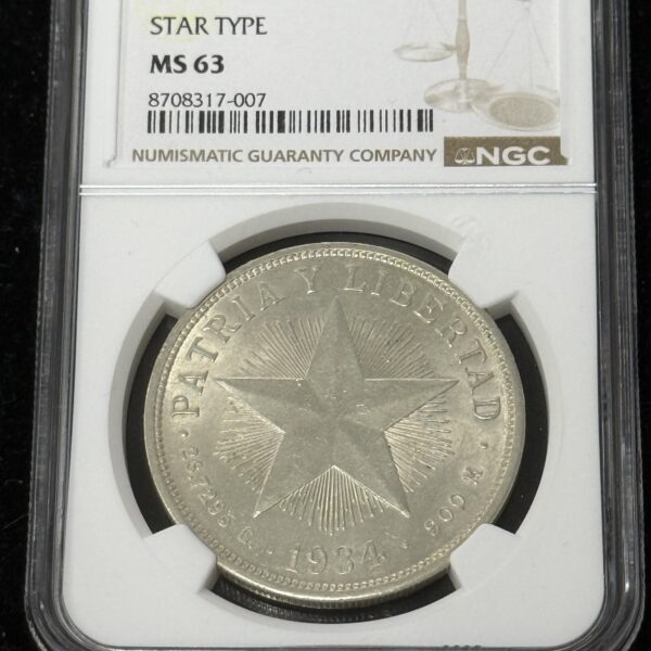 1934 Cuba Silver Star Peso NGC MS63