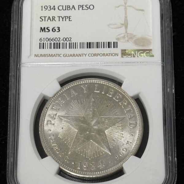 1934 Cuba Silver Star Peso NGC MS63