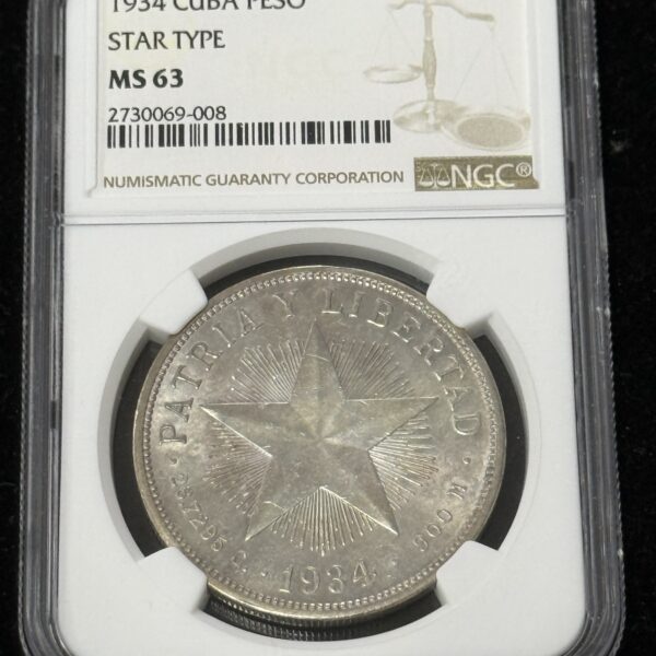 1934 Cuba Silver Star Peso NGC MS63