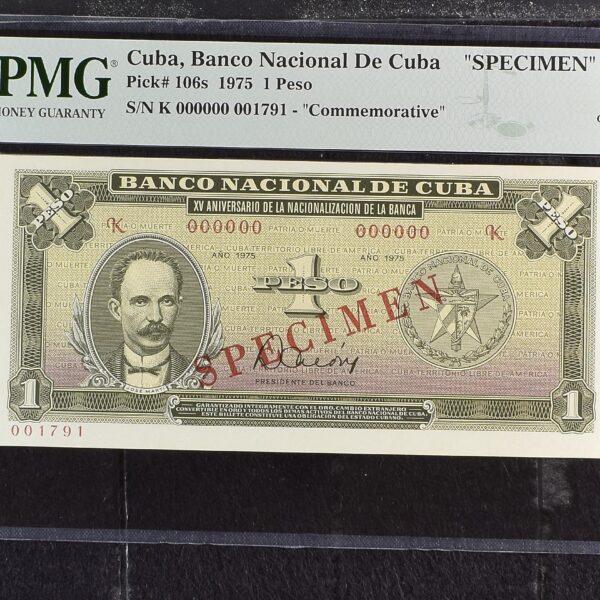 1975 Banco Nacional Cuba 1 Peso Specimen  PMG 65 EPQ
