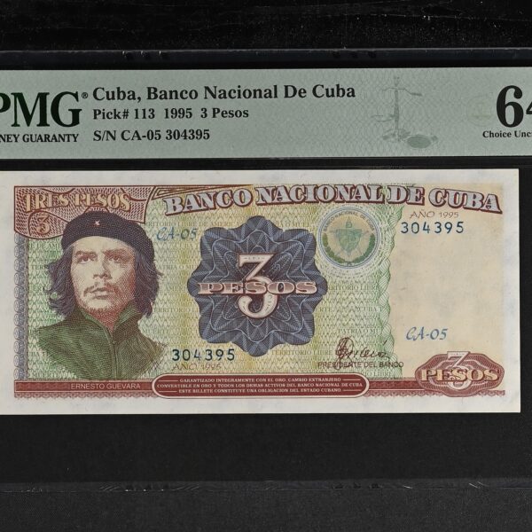 1995 Banco Nacional Cuba 3 Pesos PMG 64 EPQ