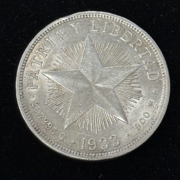 1933 Silver Cuba Star Peso AU+