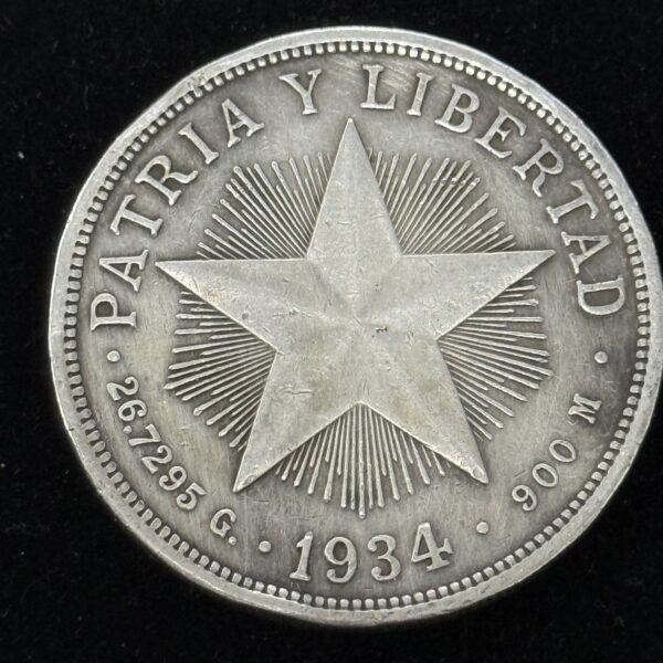 1934 Silver Cuba Star Peso AU Cleaned