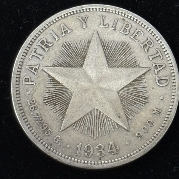 1934 Silver Cuba Star Peso XF+