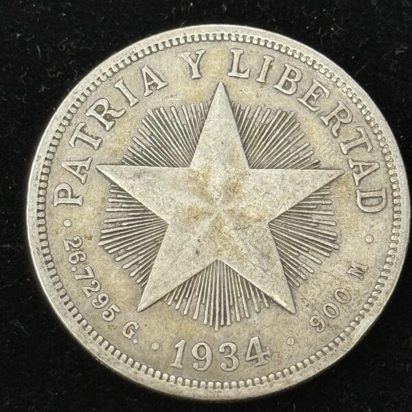 1934 Silver Cuba Star Peso XF+