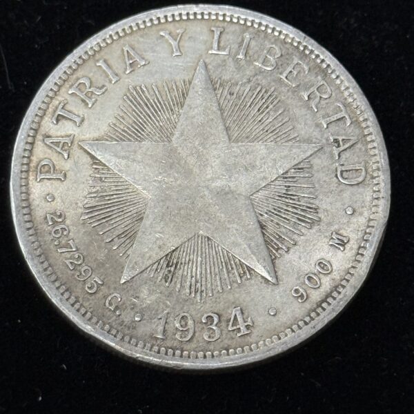1934 Silver Cuba Star Peso AU+