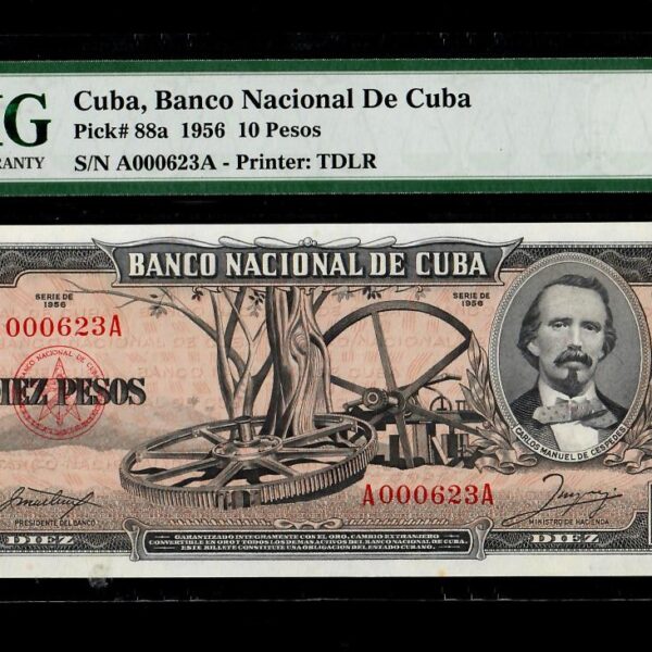 1956 Banco Nacional Cuba 10 Pesos PMG 66 EPQ