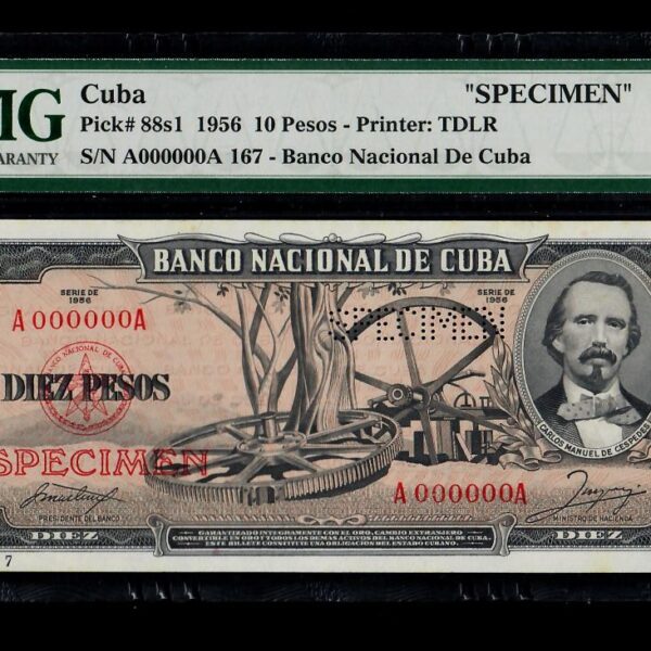 1956 Banco Nacional Cuba 10 Pesos Specimen PMG 64