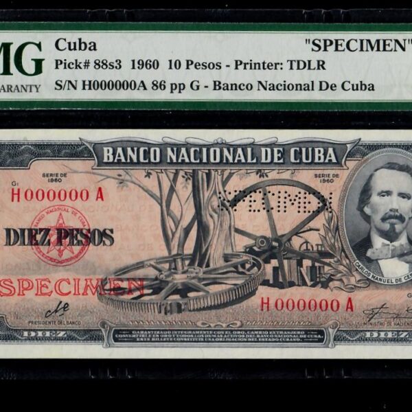 1960 Banco Nacional Cuba 10 Pesos Specimen PMG 64 EPQ
