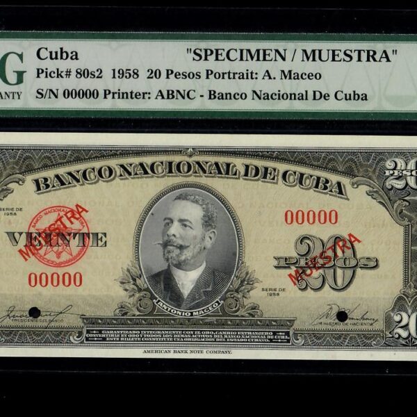 1958 Banco Nacional Cuba 20 Pesos Specimen PMG 66 EPQ