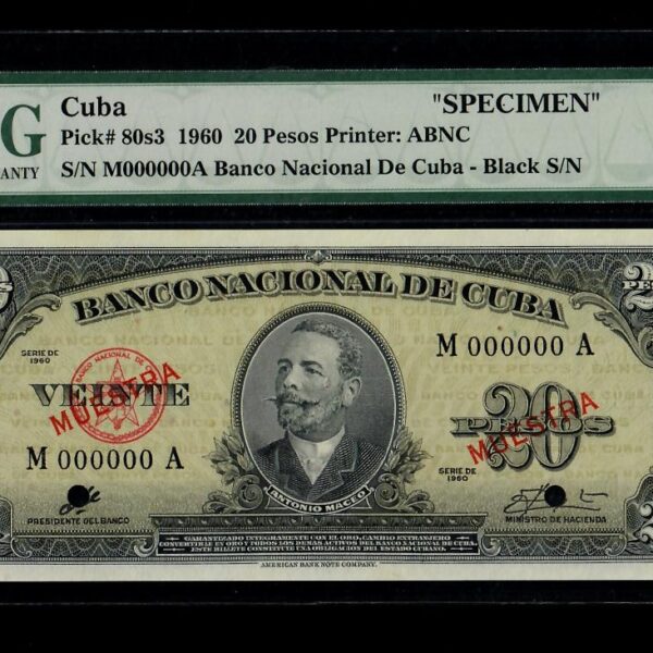 1960 Banco Nacional Cuba 20 Pesos Specimen PMG 66 EPQ