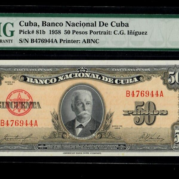 1958 Banco Nacional Cuba 50 Pesos  PMG 67 EPQ