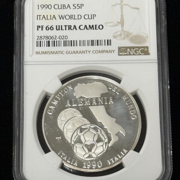 1990 Cuba Silver 5 Pesos World Cup Thin Wreath NGC PF66