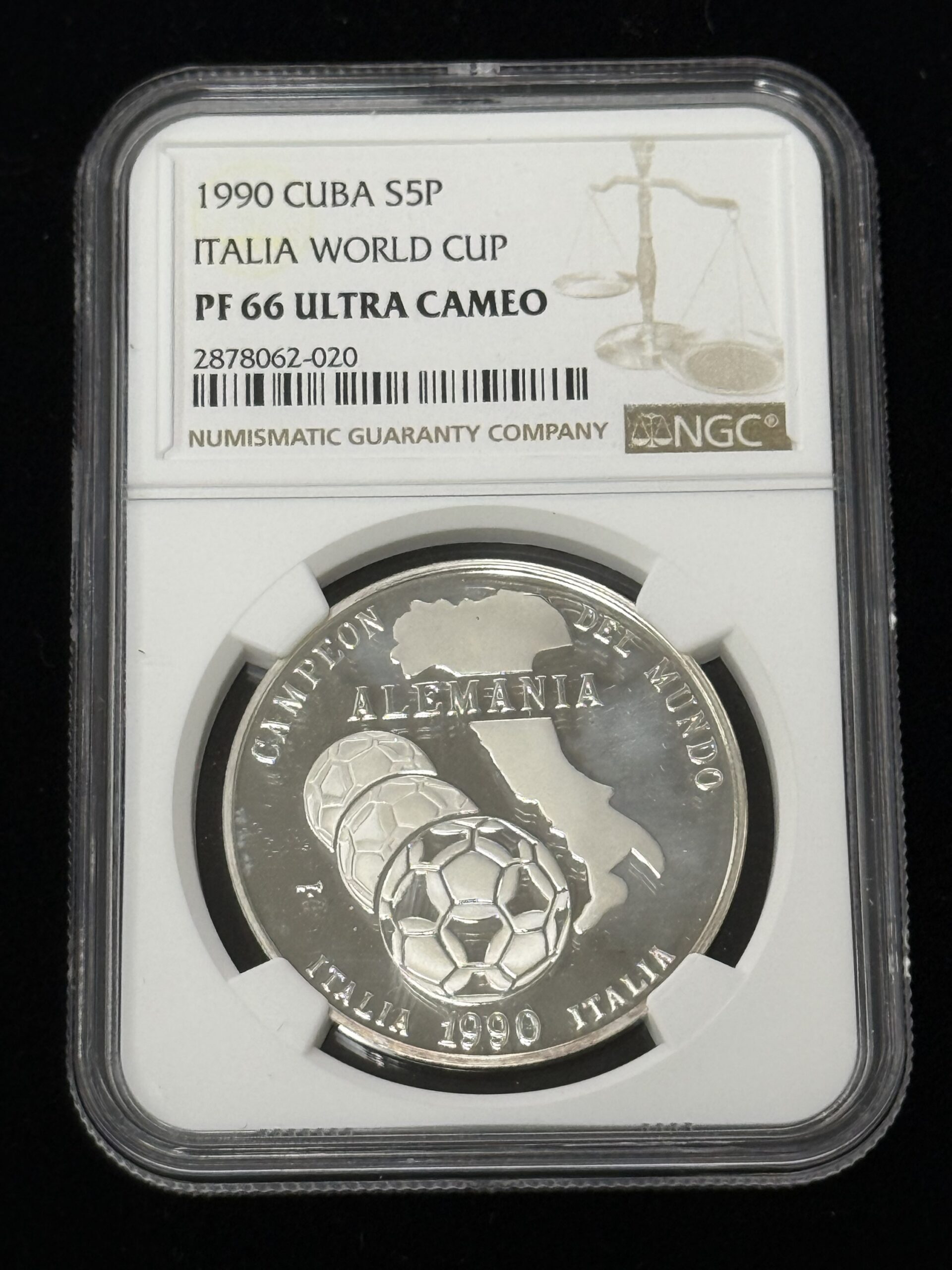1990 Cuba Silver 5 Pesos World Cup Thin Wreath NGC PF66