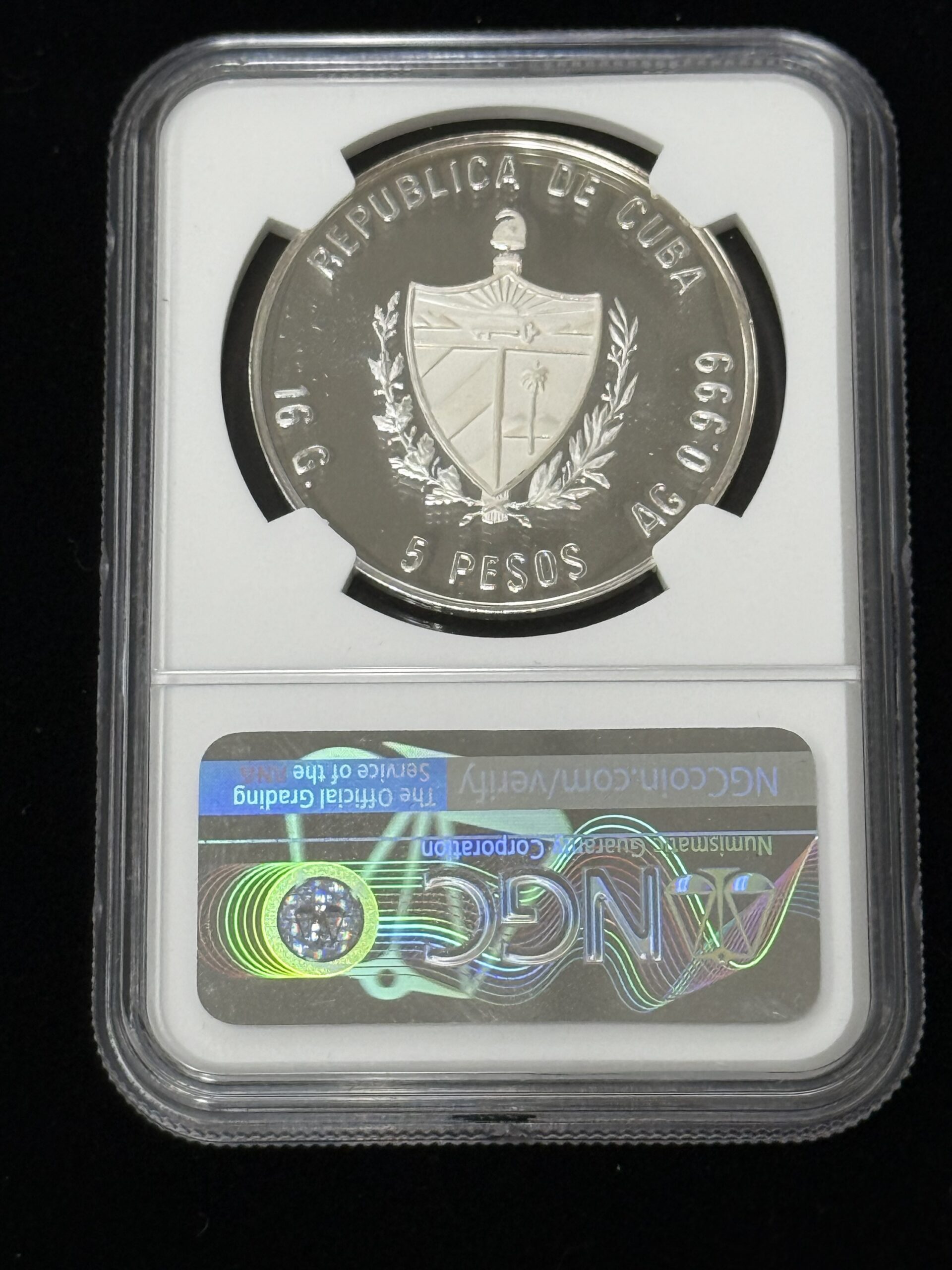 1990 Cuba Silver 5 Pesos World Cup Thin Wreath NGC PF66 - Image 2