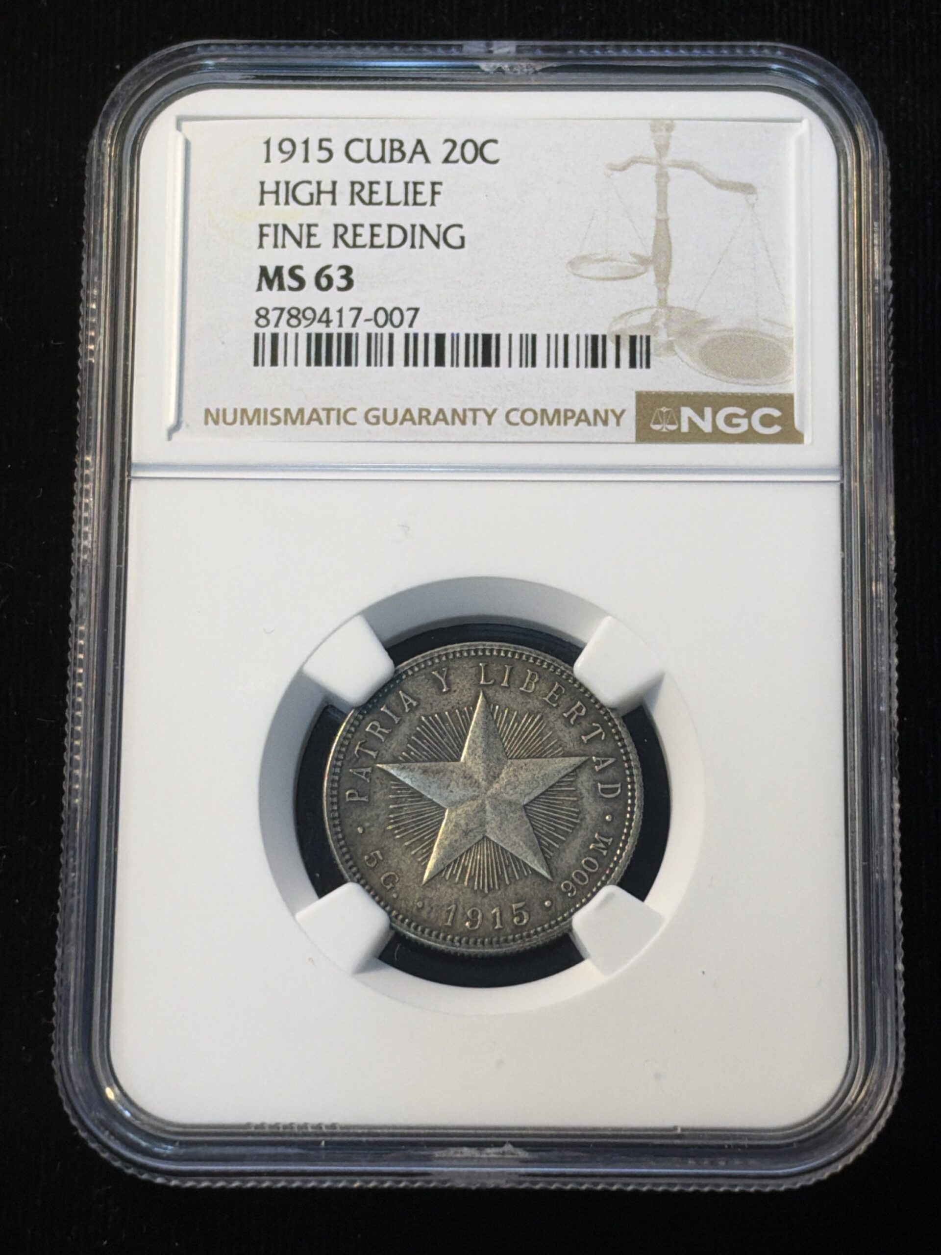 1915 Cuba 20 Centavos High Relief Fine Reeding MS63 NGC