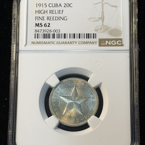 1915 Cuba 20 Centavos High Relief Fine Reeding MS62 NGC
