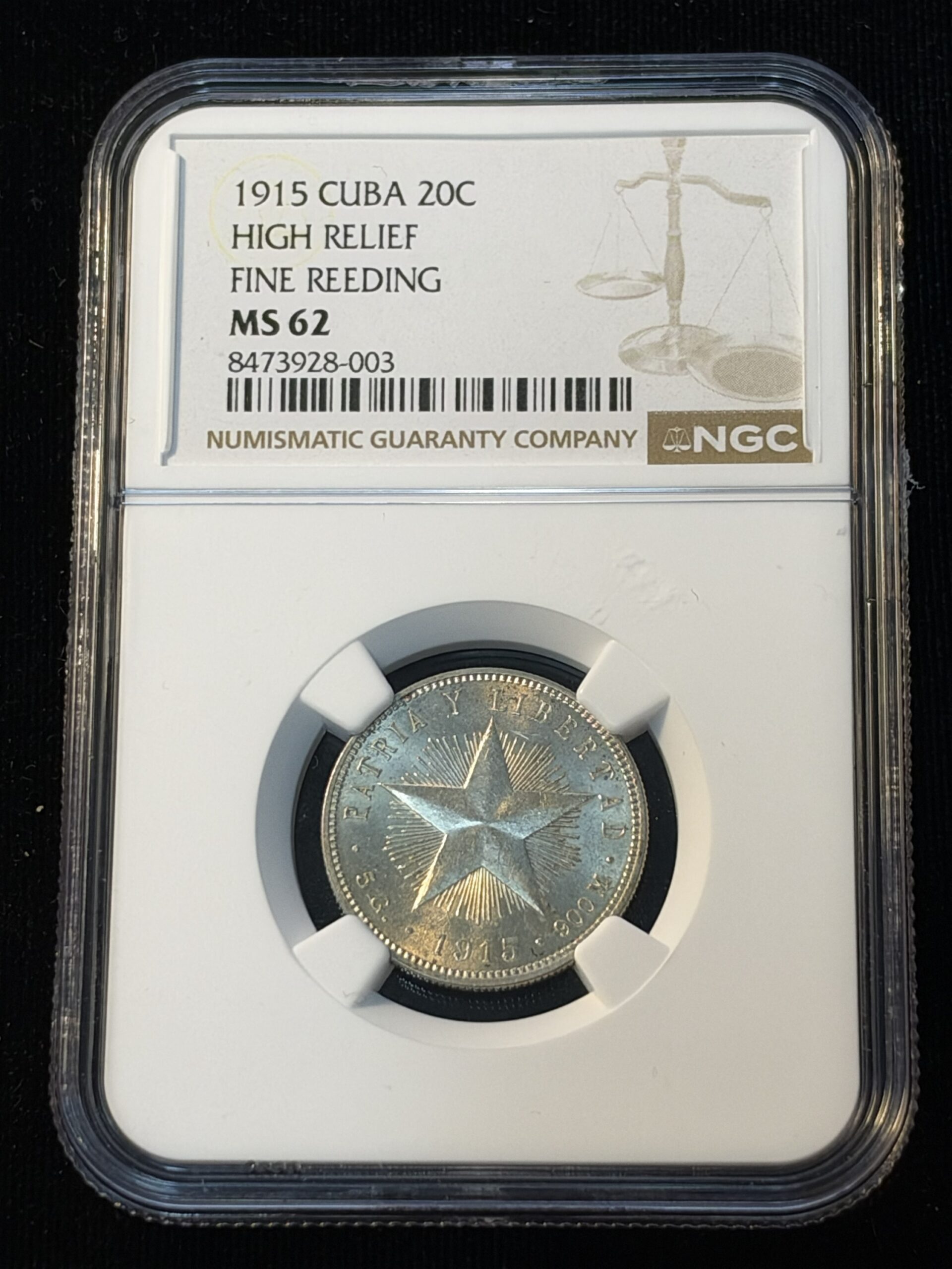 1915 Cuba 20 Centavos High Relief Fine Reeding MS62 NGC