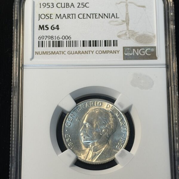 1953 Cuba 25 Centavos Jose Marti Centennial MS64 NGC