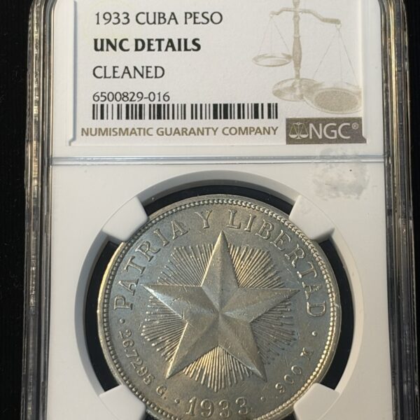 1933 Cuba Star Peso UNC Details Cleaned NGC