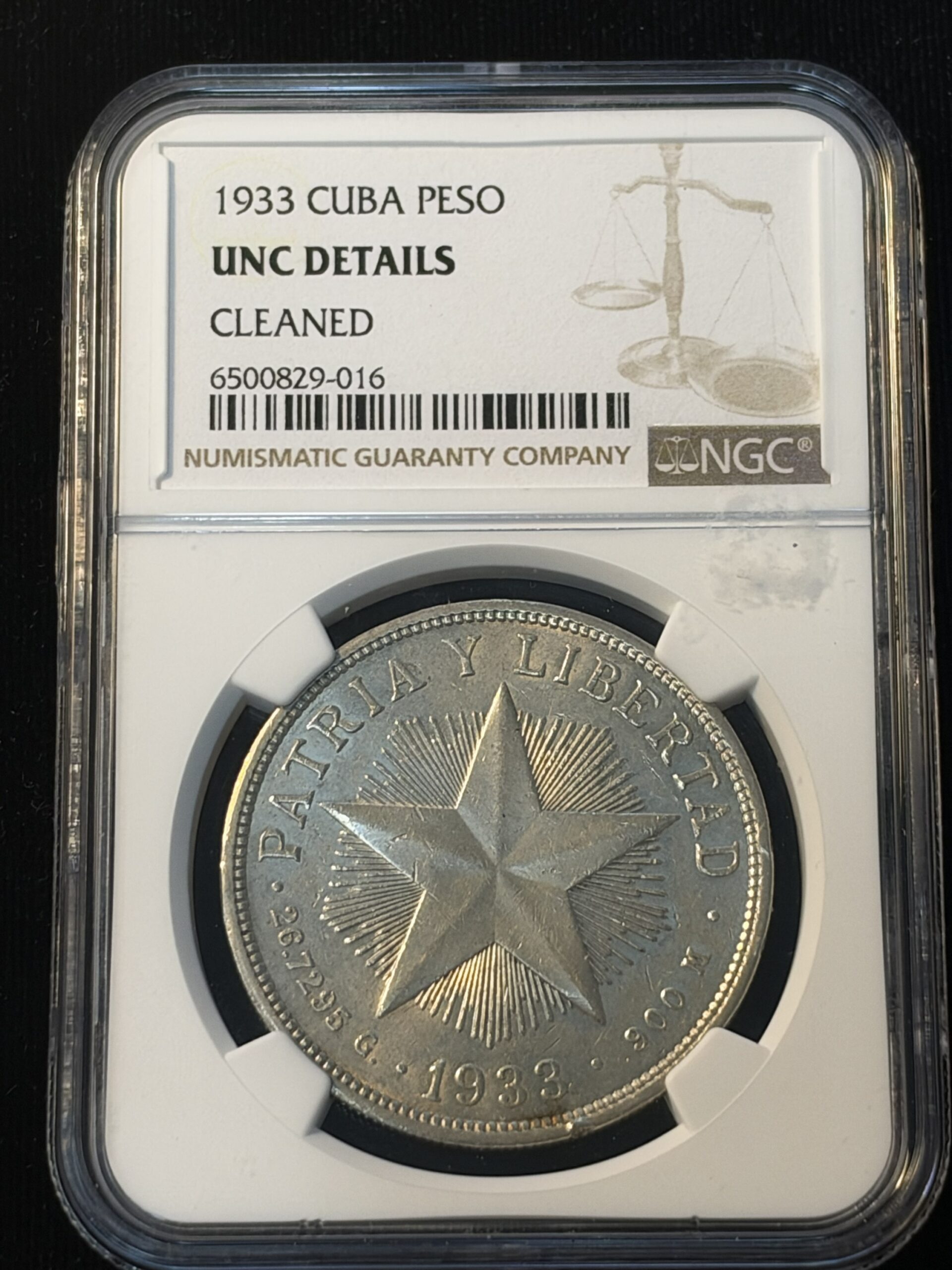 1933 Cuba Star Peso UNC Details Cleaned NGC