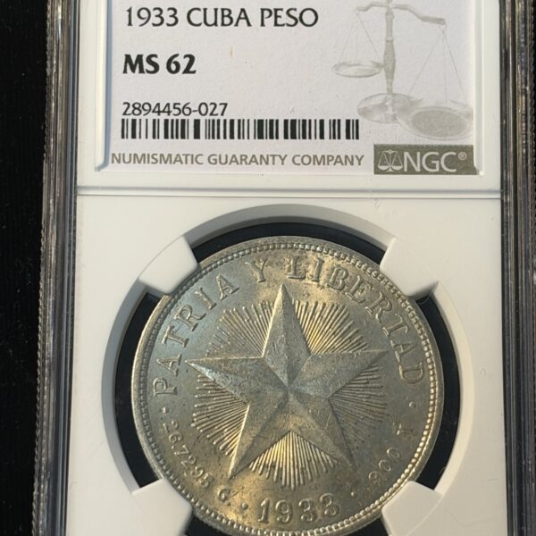 1933 Cuba Star Peso MS62 NGC