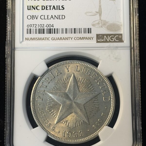 1933 Cuba Peso UNC Details Obverse Cleaned NGC