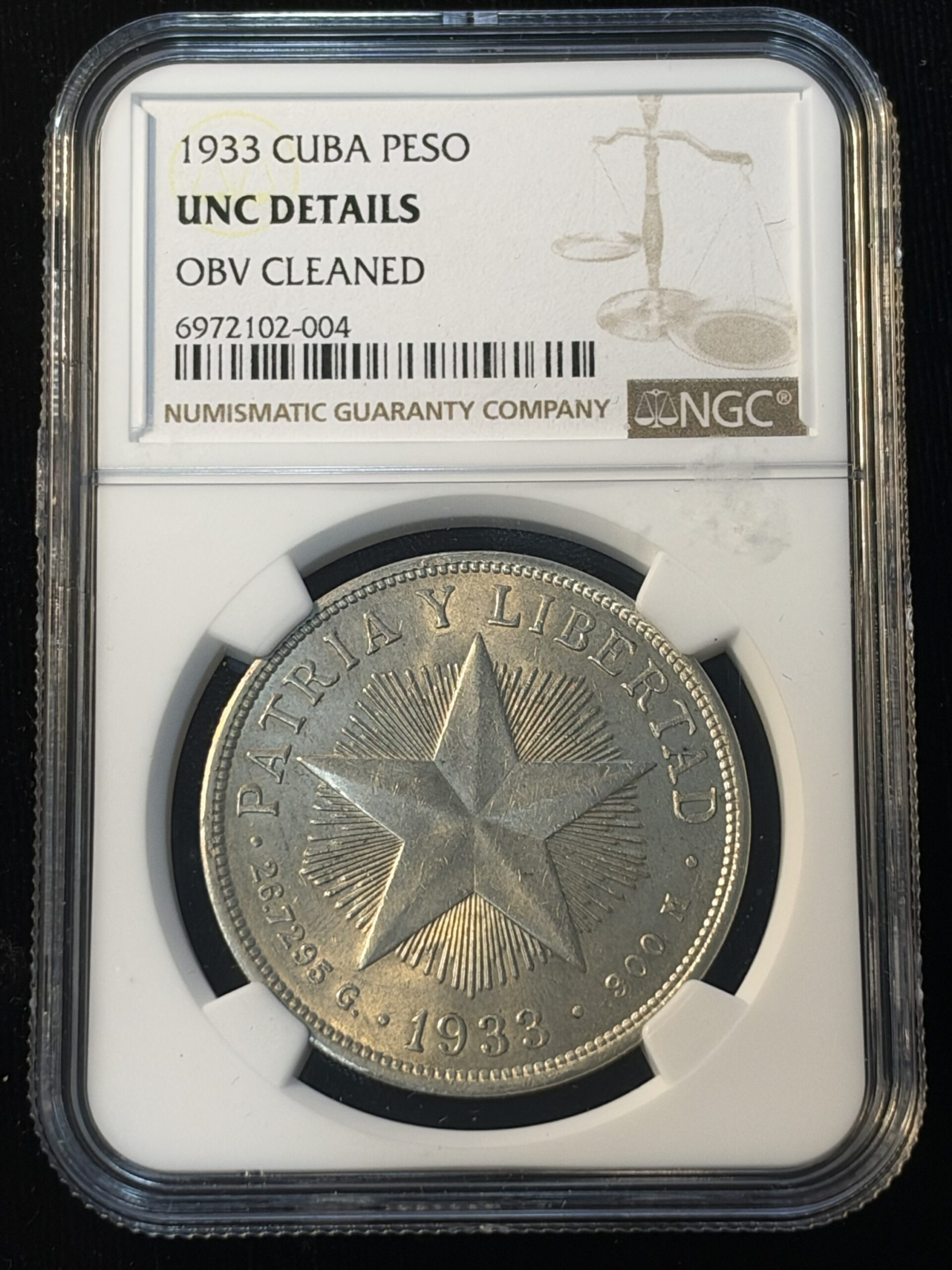 1933 Cuba Peso UNC Details Obverse Cleaned NGC