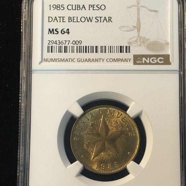 1985 Cuba Brass Peso Date Below Star MS64 NGC