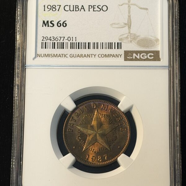 1987 Cuba Brass Peso MS66 NGC