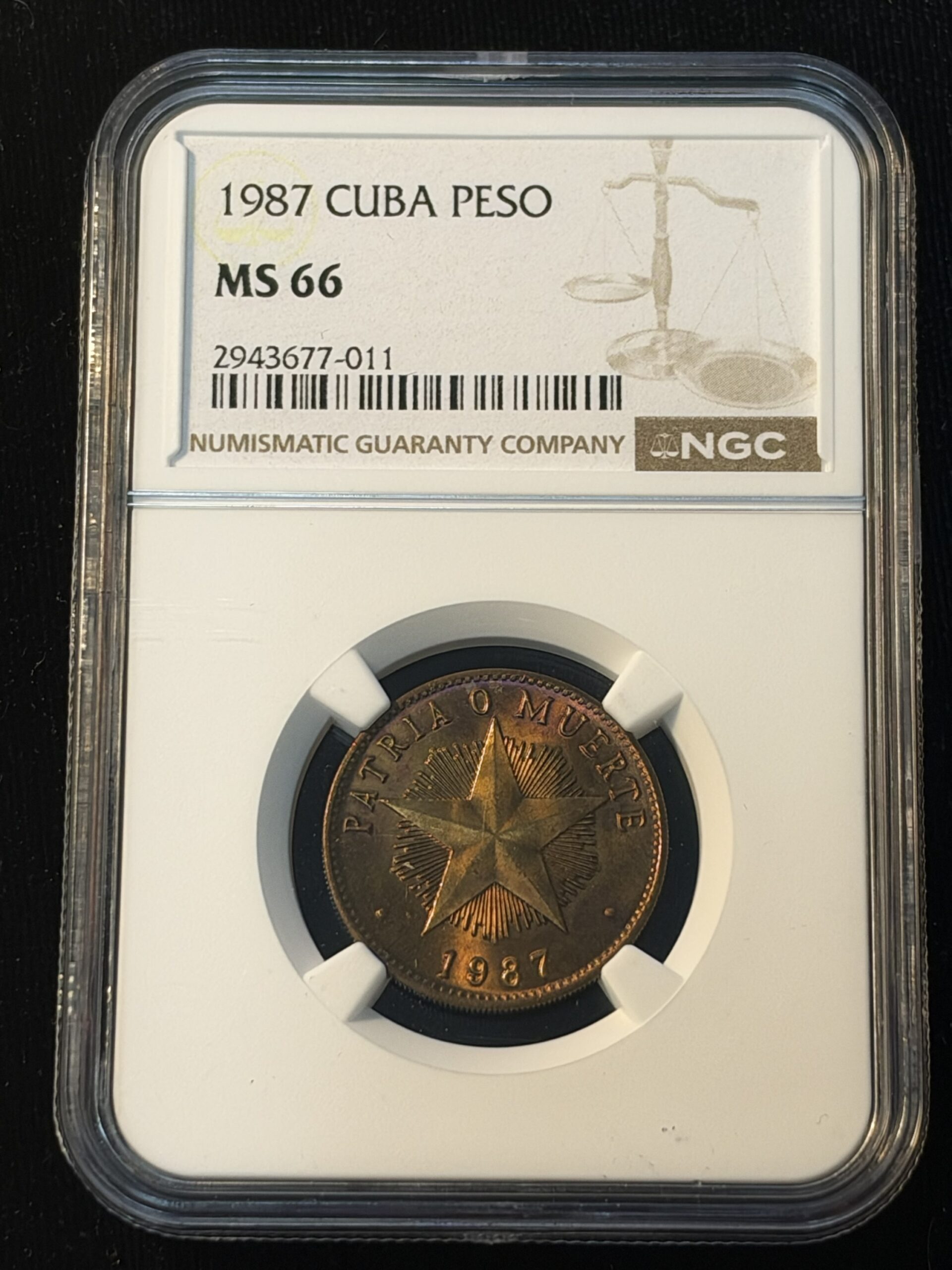 1987 Cuba Brass Peso MS66 NGC