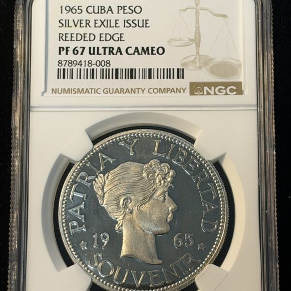 1965 Cuba Peso Silver Exile Issue Reeded Edge PF67 Ultra Cameo NGC