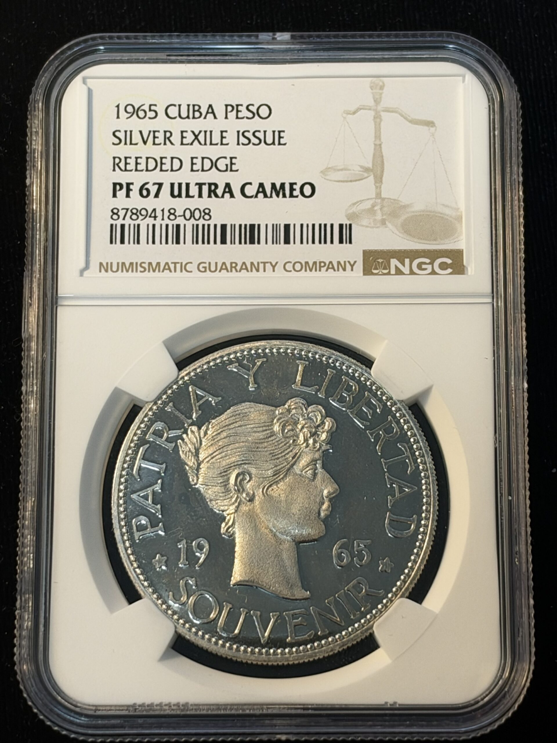 1965 Cuba Peso Silver Exile Issue Reeded Edge PF67 Ultra Cameo NGC