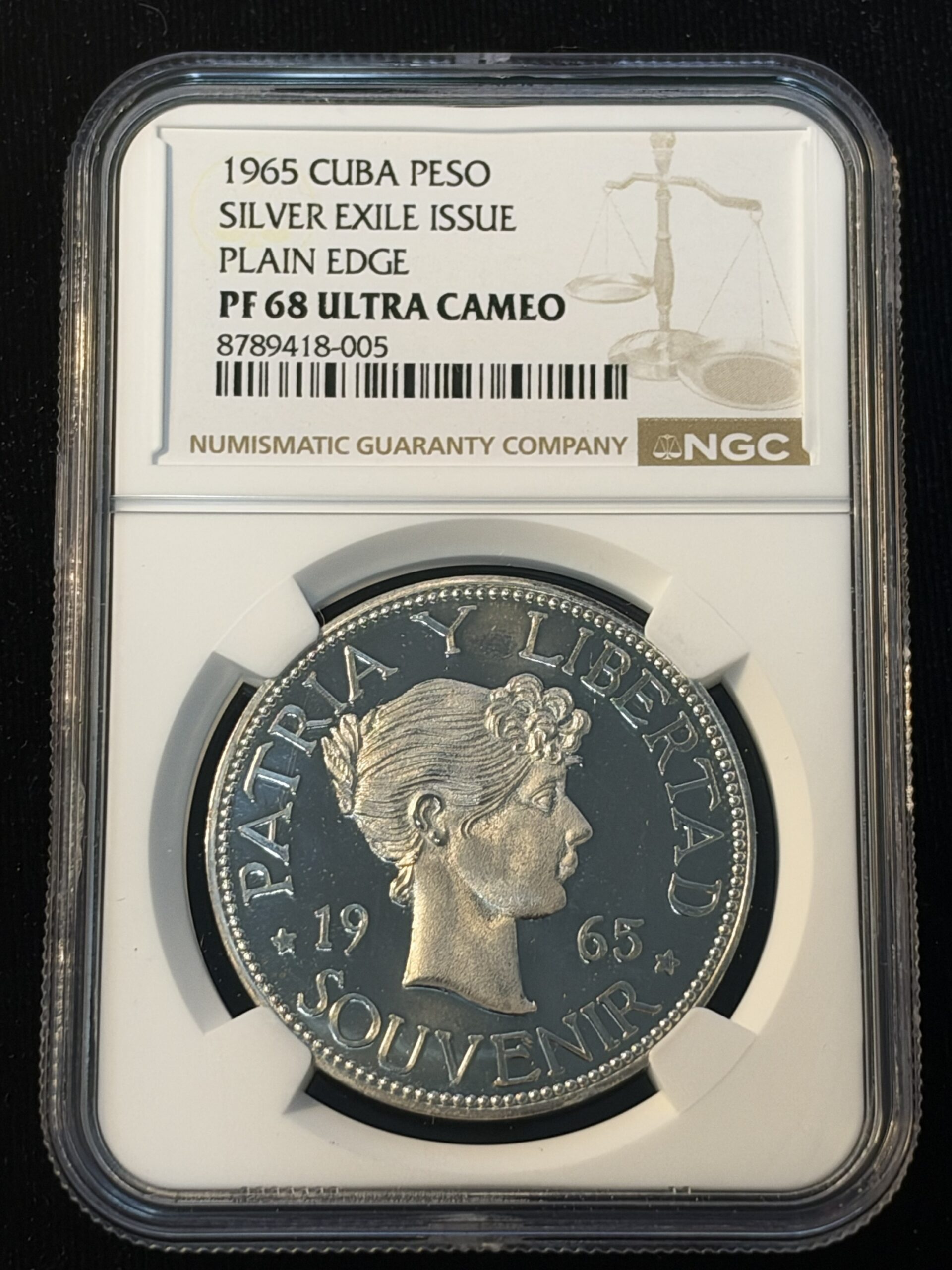 1965 Cuba Peso Silver Exile Issue Plain Edge PF68 Ultra Cameo NGC -005