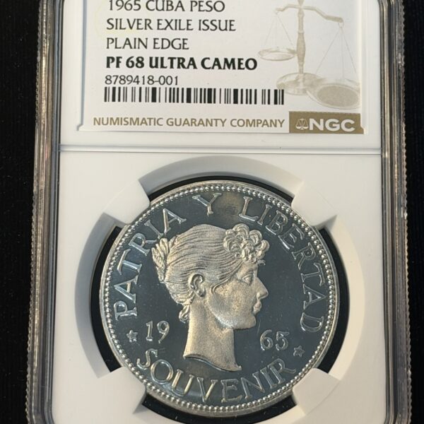 1965 Cuba Peso Silver Exile Issue Plain Edge PF68 Ultra Cameo NGC -001