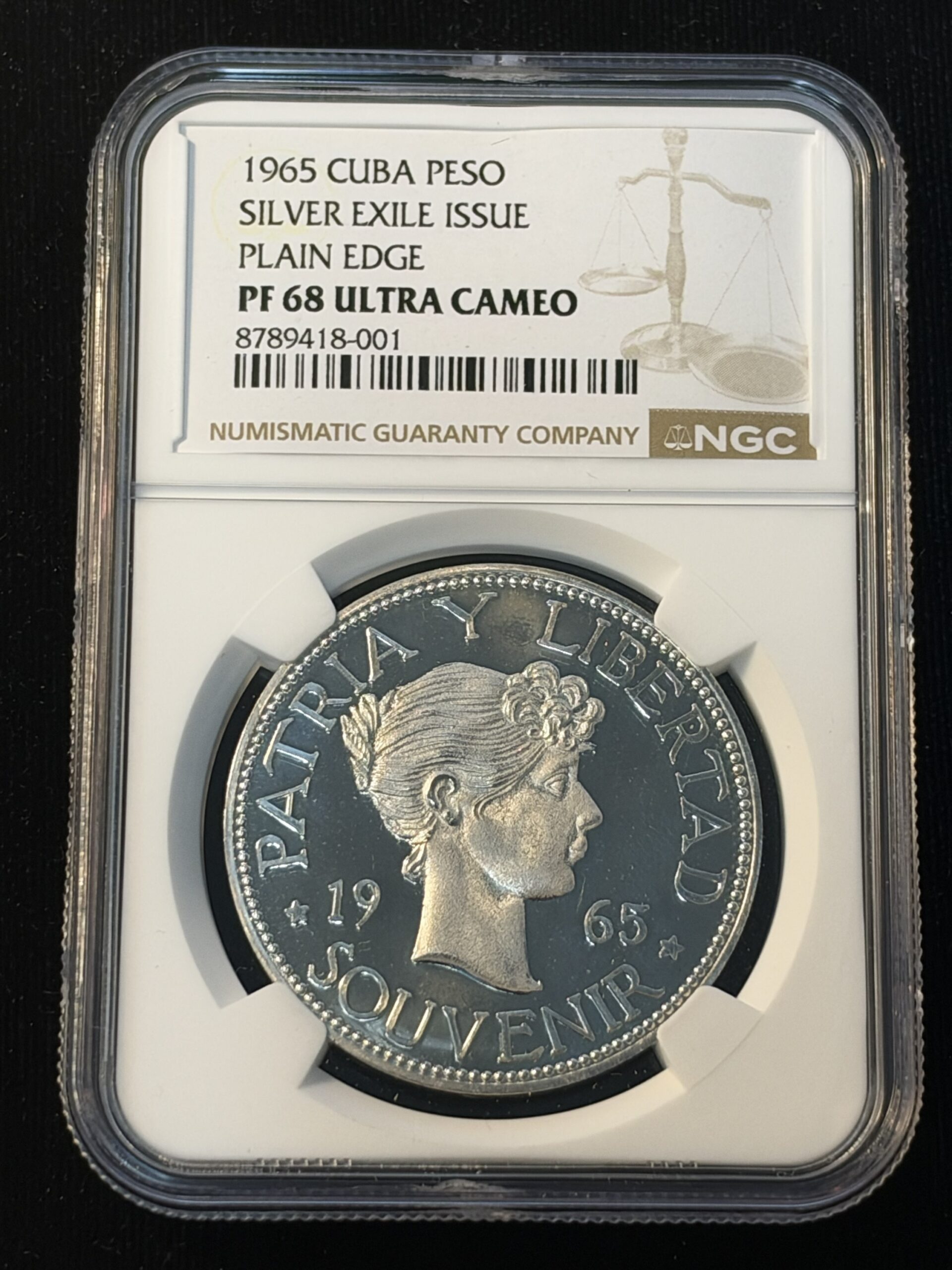 1965 Cuba Peso Silver Exile Issue Plain Edge PF68 Ultra Cameo NGC -001