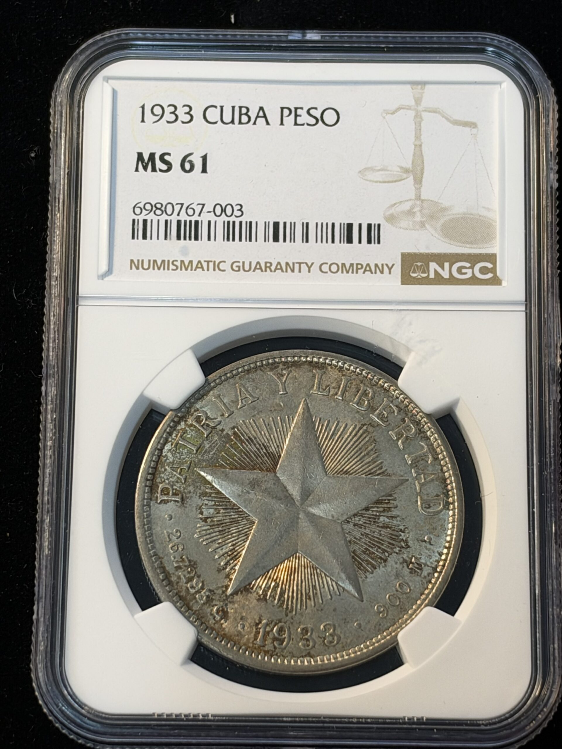 1933 Cuba Peso MS61 NGC